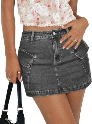 Jean Skirts for Women Denim Skirt Stretchy Jean Skort High Wasited Cargo Mini Denim Skirt with Flap Pockets