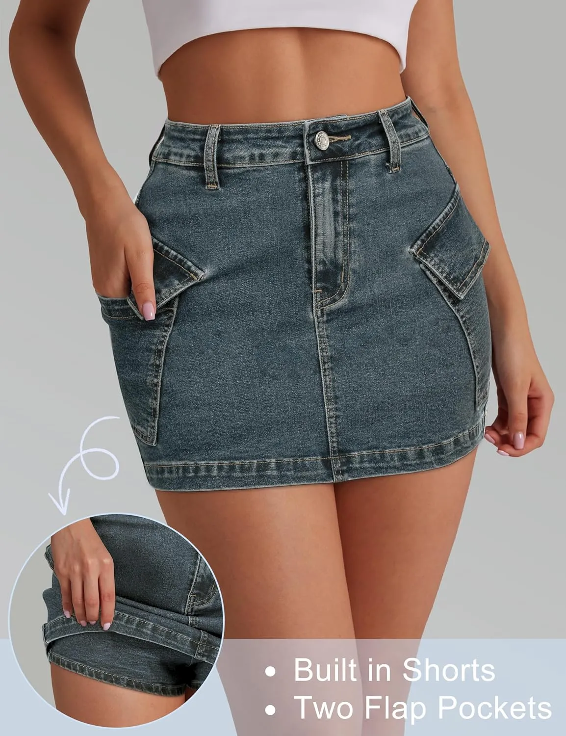 Jean Skirts for Women Denim Skirt Stretchy Jean Skort High Wasited Cargo Mini Denim Skirt with Flap Pockets