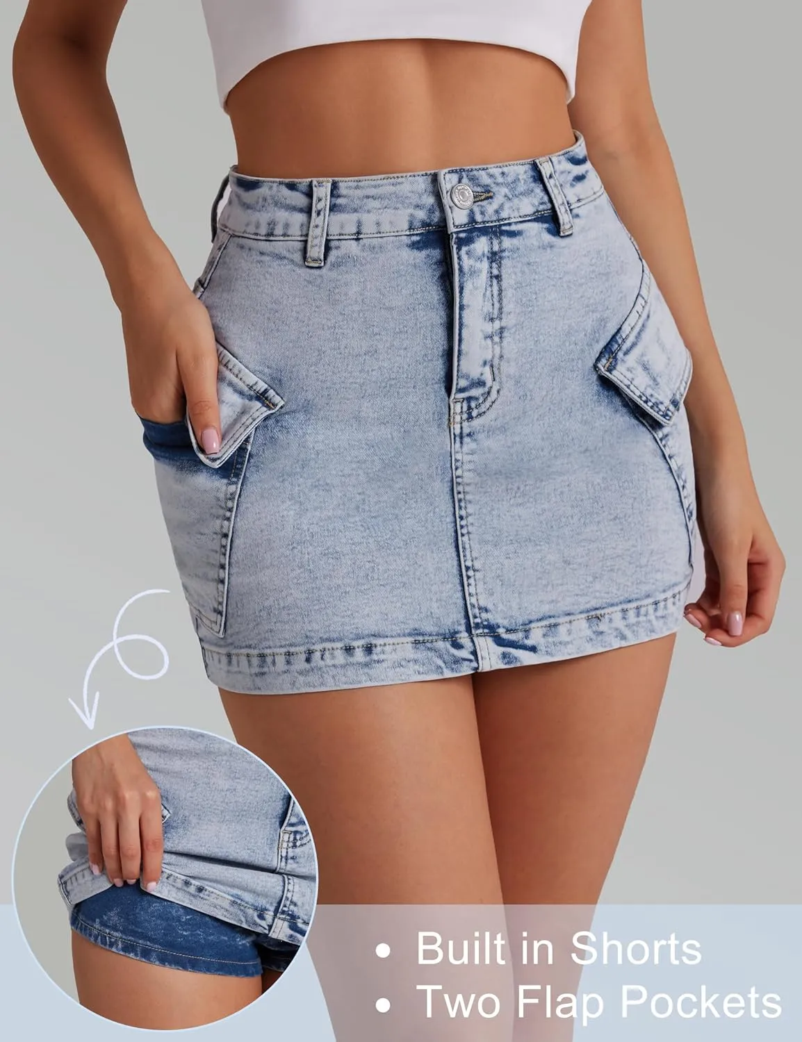 Jean Skirts for Women Denim Skirt Stretchy Jean Skort High Wasited Cargo Mini Denim Skirt with Flap Pockets