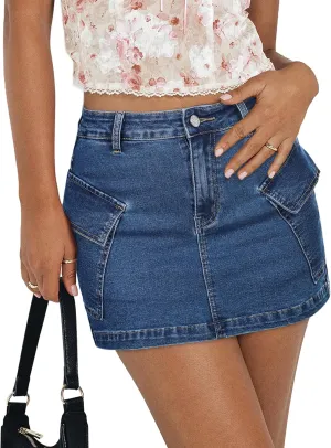 Jean Skirts for Women Denim Skirt Stretchy Jean Skort High Wasited Cargo Mini Denim Skirt with Flap Pockets
