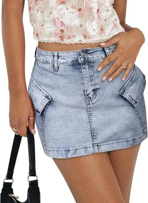 Jean Skirts for Women Denim Skirt Stretchy Jean Skort High Wasited Cargo Mini Denim Skirt with Flap Pockets