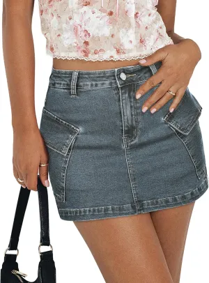 Jean Skirts for Women Denim Skirt Stretchy Jean Skort High Wasited Cargo Mini Denim Skirt with Flap Pockets