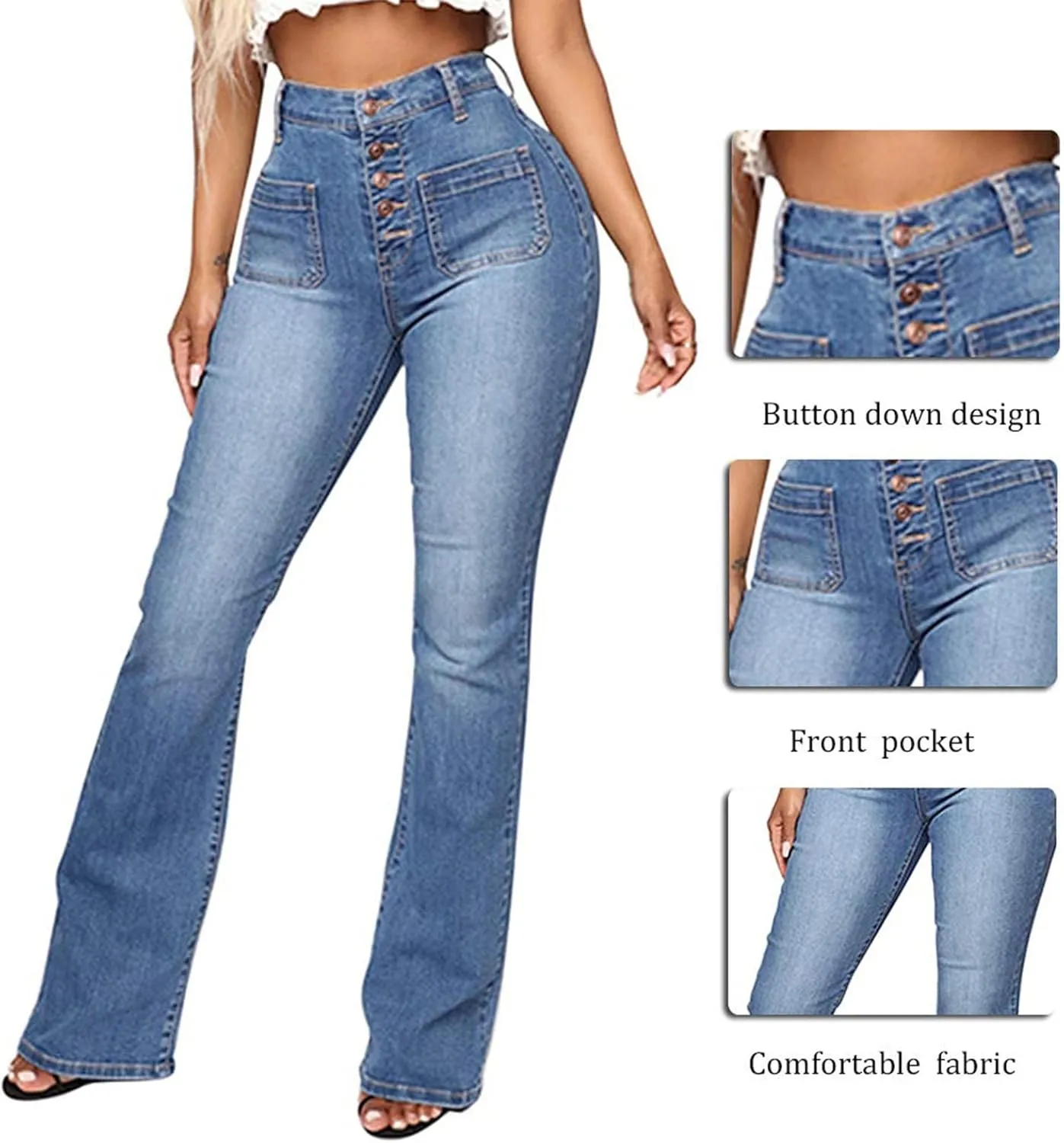 Jeans for Women Trendy Sexy Skinny Jeans High-Rise Stretch Button Comfy Lightweight Flare Denim Pants with Pocket