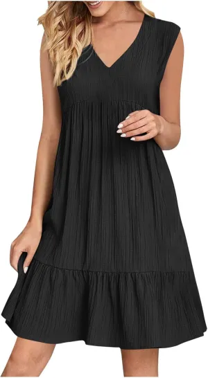 JOAU Summer Dresses for Women 2025 Casual Boho V Neck Sundresses Sleeveless Pleated Tiered Ruffle Beach Vacation Tank Dress