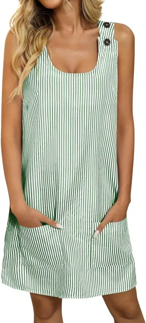 JOAU Womens Summer Sleeveless Adjustable Button Strap Mini Tank Dress with Pockets Casual Short A Line Striped Sundress 2025