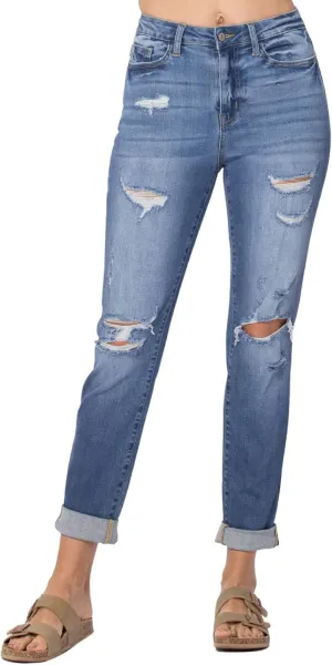 Judy Blue Cuffed Distressed Boyfriend Jeans! Your New Fun Jeans! (Style: 88404) (7) Blue