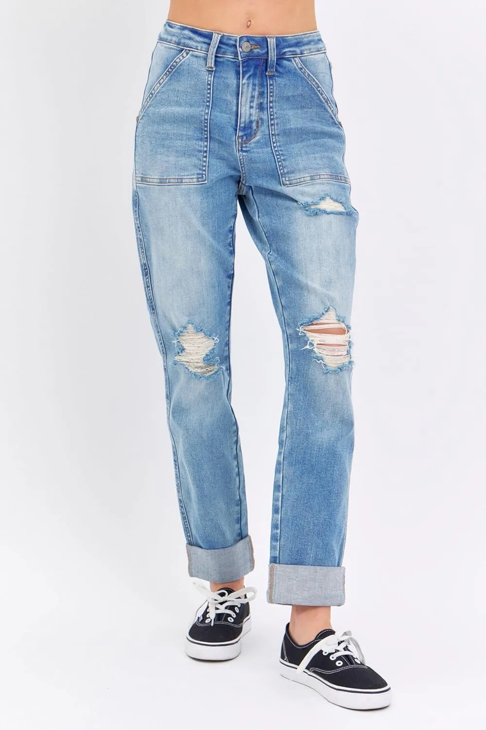 Judy Blue High Waisted Patch Pocket Distressed Boyfriend Jeans for Women Stretch Denim Comfortable Fit Versatile - 88825