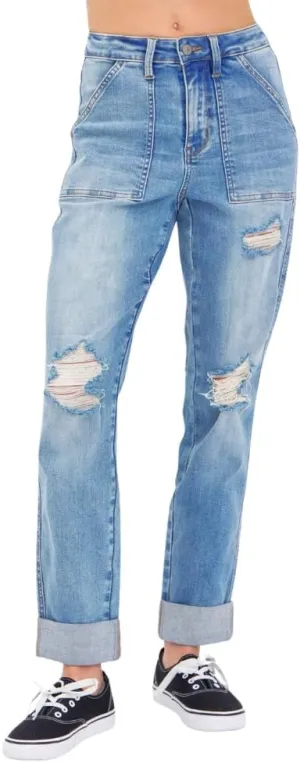 Judy Blue High Waisted Patch Pocket Distressed Boyfriend Jeans for Women Stretch Denim Comfortable Fit Versatile - 88825