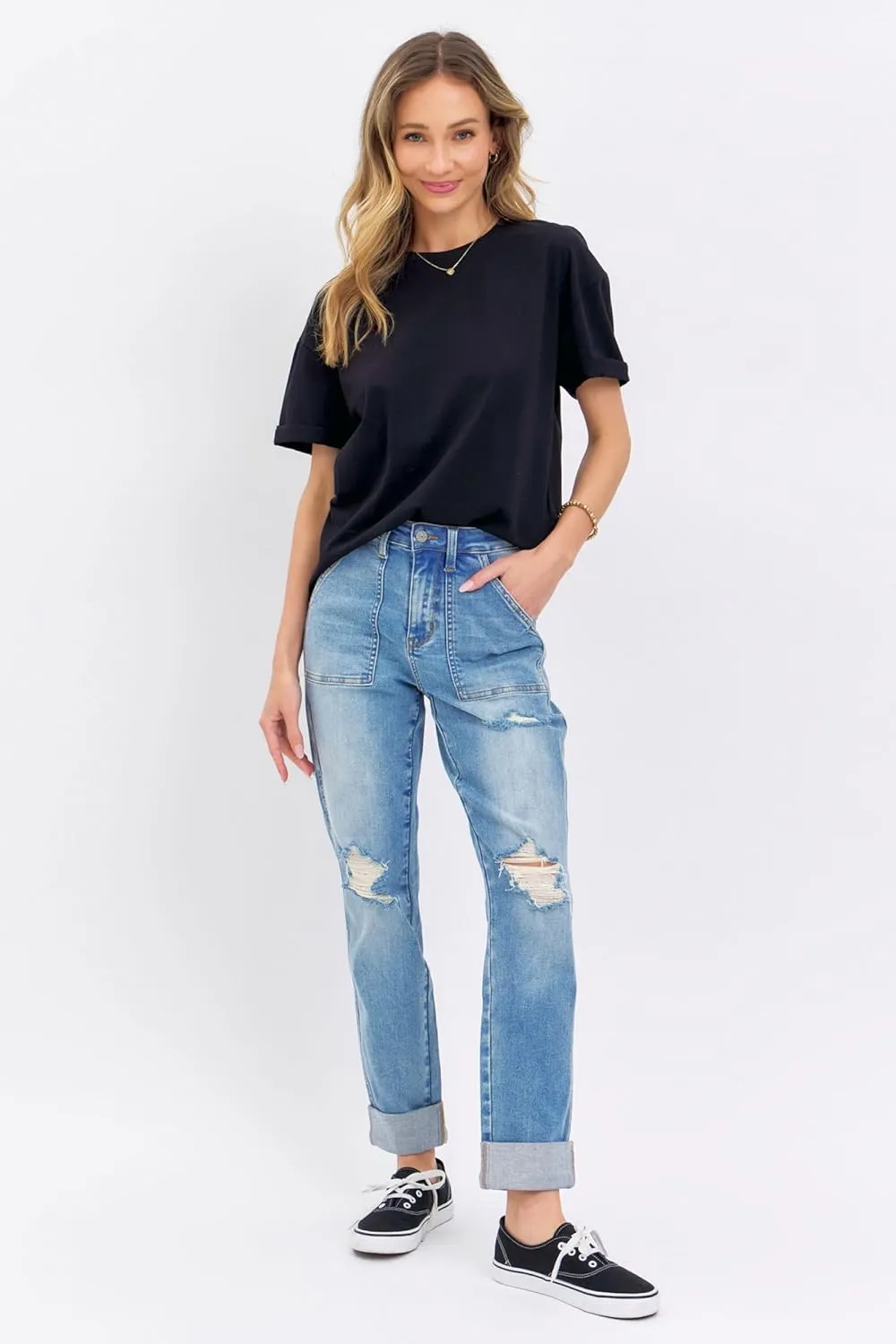 Judy Blue High Waisted Patch Pocket Distressed Boyfriend Jeans for Women Stretch Denim Comfortable Fit Versatile - 88825