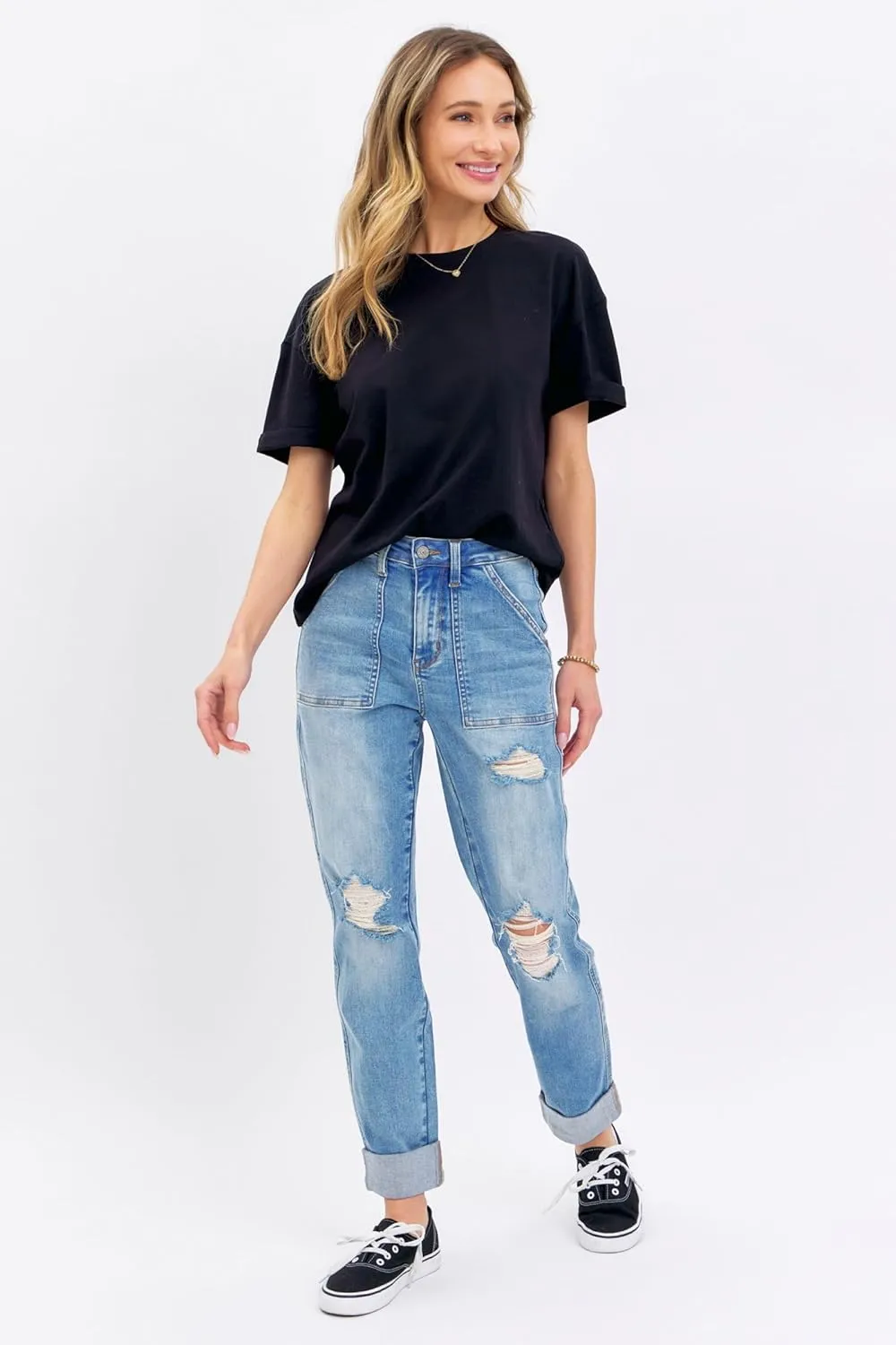 Judy Blue High Waisted Patch Pocket Distressed Boyfriend Jeans for Women Stretch Denim Comfortable Fit Versatile - 88825