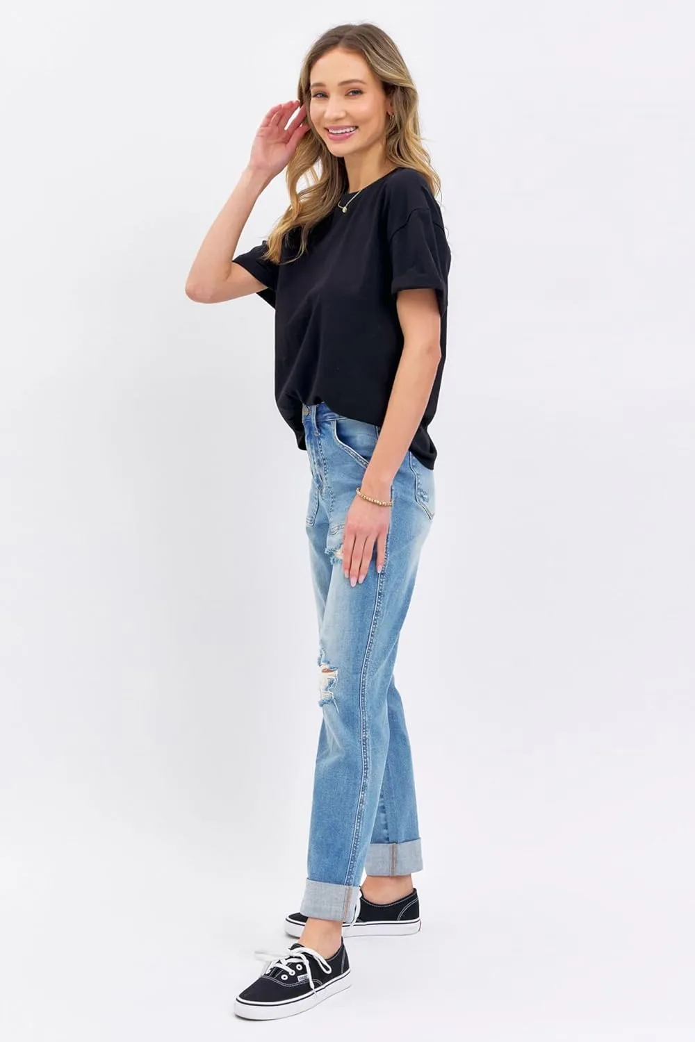 Judy Blue High Waisted Patch Pocket Distressed Boyfriend Jeans for Women Stretch Denim Comfortable Fit Versatile - 88825