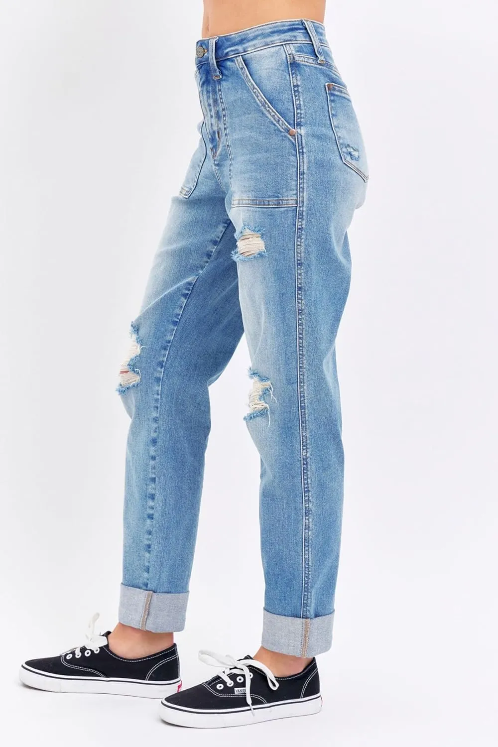 Judy Blue High Waisted Patch Pocket Distressed Boyfriend Jeans for Women Stretch Denim Comfortable Fit Versatile - 88825