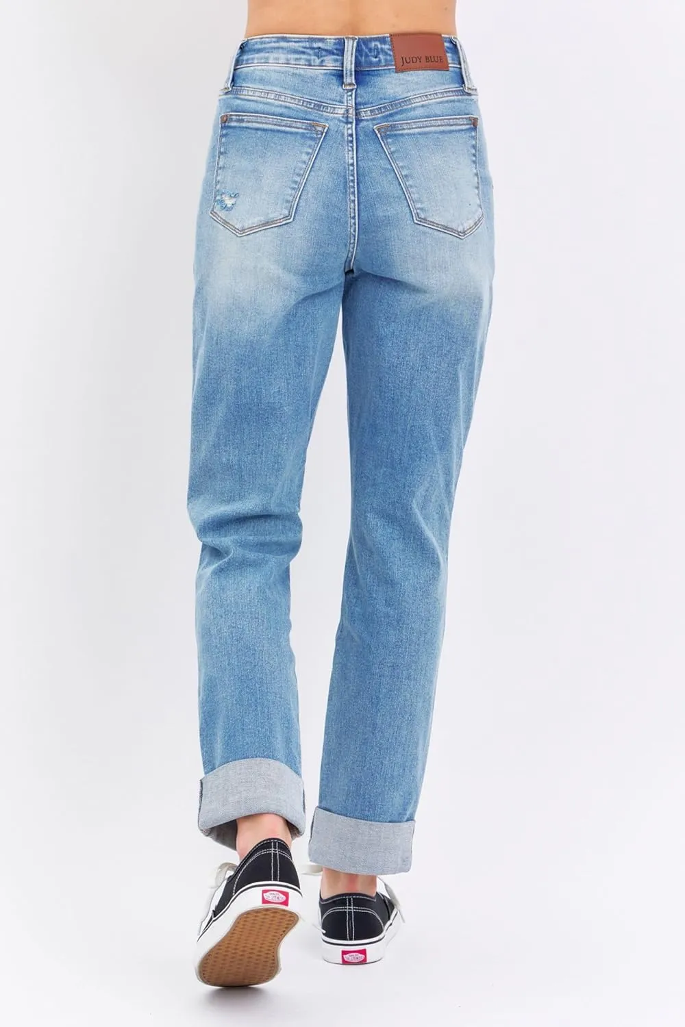 Judy Blue High Waisted Patch Pocket Distressed Boyfriend Jeans for Women Stretch Denim Comfortable Fit Versatile - 88825