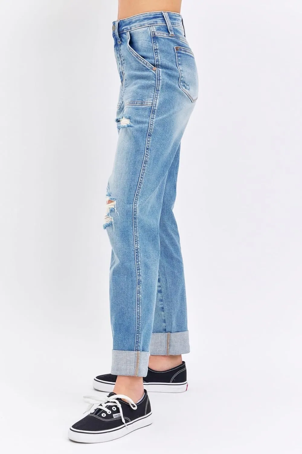 Judy Blue High Waisted Patch Pocket Distressed Boyfriend Jeans for Women Stretch Denim Comfortable Fit Versatile - 88825