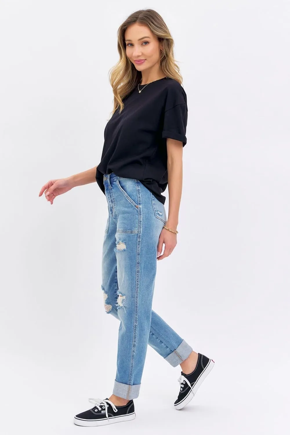 Judy Blue High Waisted Patch Pocket Distressed Boyfriend Jeans for Women Stretch Denim Comfortable Fit Versatile - 88825