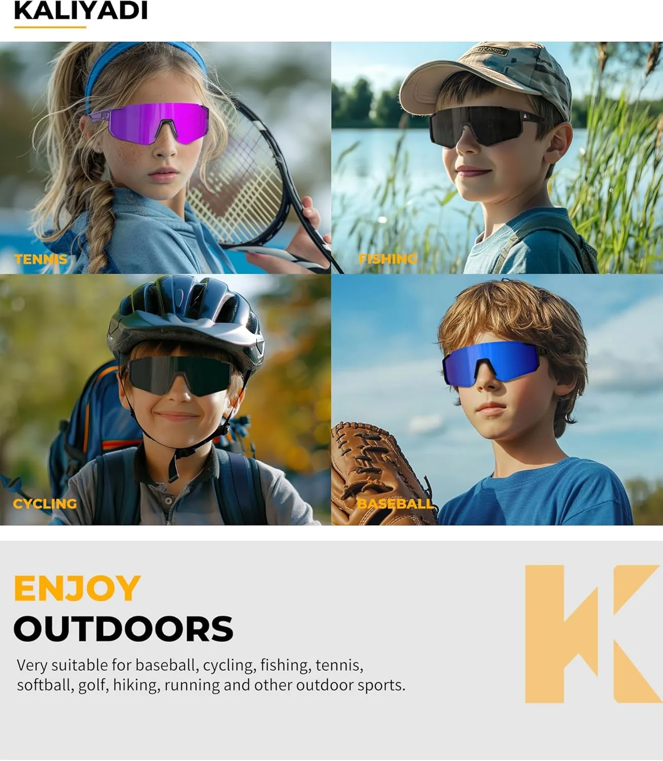 KALIYADI Polarized Kids-Sunglasses Youth Baseball-Sunglasses: Boys Girls Sports Cycling Running Age 3-12 UV400 Protection