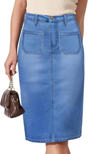 KDF Women's Denim Skirt Patch Front Pocket Trendy Y2K Jean Skirt Stretch High Waisted Pencil Denim Skirt