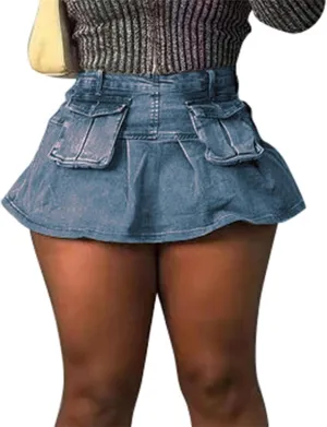 ksotutm Denim Skirt Cargo Skirt Womens Mini Skirt Cute Pleated Skirt with Pockets Jean Skirt