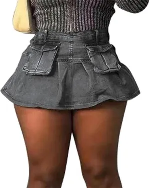ksotutm Denim Skirt Cargo Skirt Womens Mini Skirt Cute Pleated Skirt with Pockets Jean Skirt