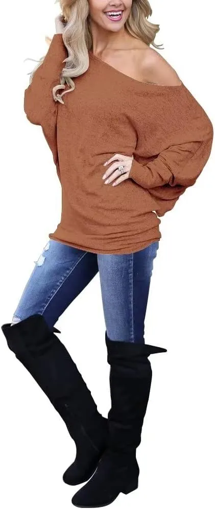 Lacozy Women's Off Shoulder Long Sleeve Oversized Pullover Sweater Knit Jumper Loose Tunic Tops