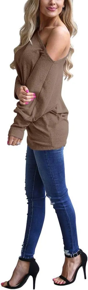 Lacozy Women's Off Shoulder Long Sleeve Oversized Pullover Sweater Knit Jumper Loose Tunic Tops