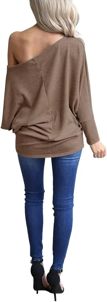 Lacozy Women's Off Shoulder Long Sleeve Oversized Pullover Sweater Knit Jumper Loose Tunic Tops
