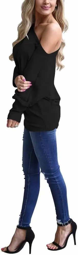 Lacozy Women's Off Shoulder Long Sleeve Oversized Pullover Sweater Knit Jumper Loose Tunic Tops