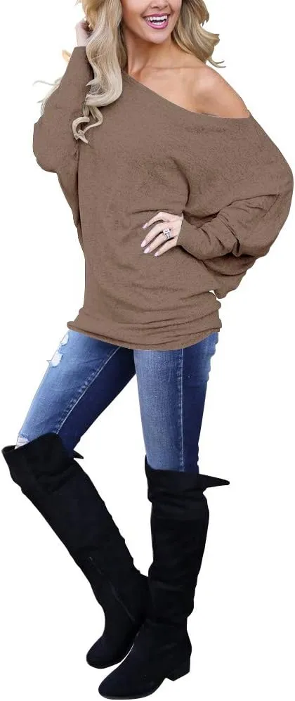 Lacozy Women's Off Shoulder Long Sleeve Oversized Pullover Sweater Knit Jumper Loose Tunic Tops