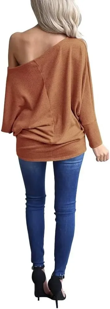 Lacozy Women's Off Shoulder Long Sleeve Oversized Pullover Sweater Knit Jumper Loose Tunic Tops