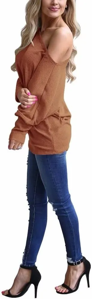 Lacozy Women's Off Shoulder Long Sleeve Oversized Pullover Sweater Knit Jumper Loose Tunic Tops