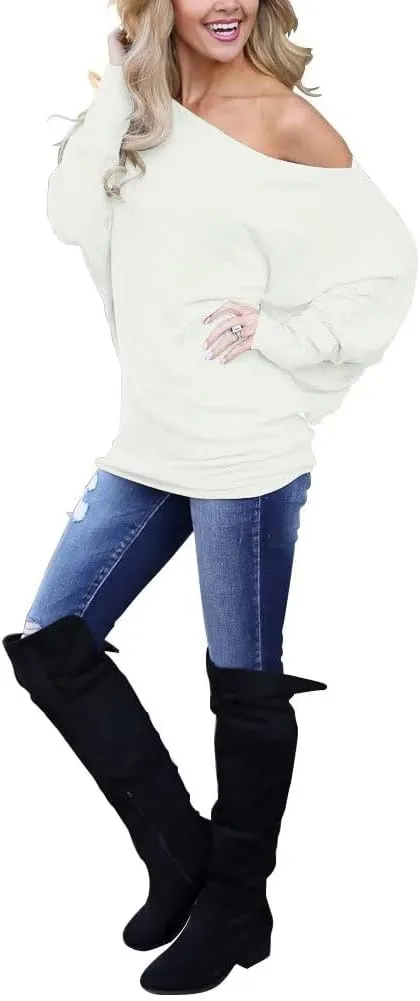 Lacozy Women's Off Shoulder Long Sleeve Oversized Pullover Sweater Knit Jumper Loose Tunic Tops