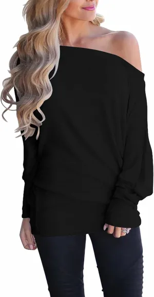 Lacozy Women's Off Shoulder Long Sleeve Oversized Pullover Sweater Knit Jumper Loose Tunic Tops