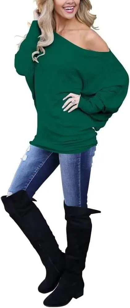 Lacozy Women's Off Shoulder Long Sleeve Oversized Pullover Sweater Knit Jumper Loose Tunic Tops