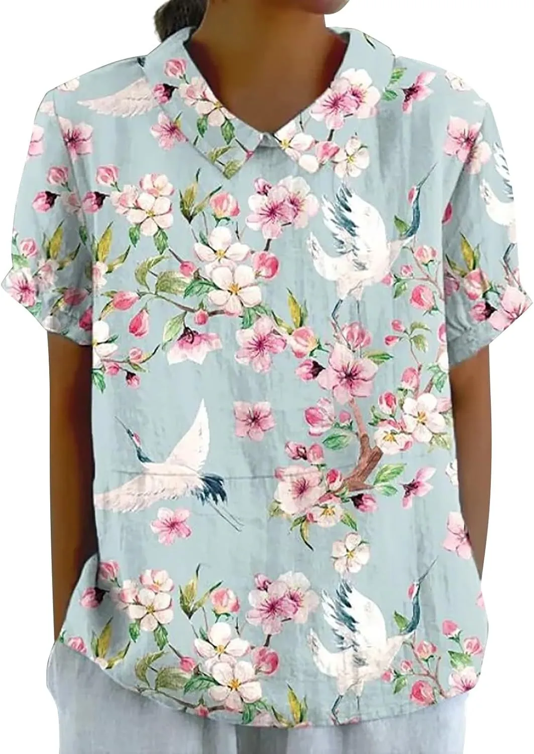 LCMTWX Womens Short Sleeve Cotton Linen Shirts Down Up Shirt Casual Collared V Neck Tops Shirts Loose Plus Size Short
