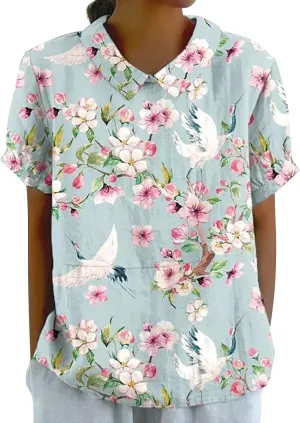 LCMTWX Womens Short Sleeve Cotton Linen Shirts Down Up Shirt Casual Collared V Neck Tops Shirts Loose Plus Size Short