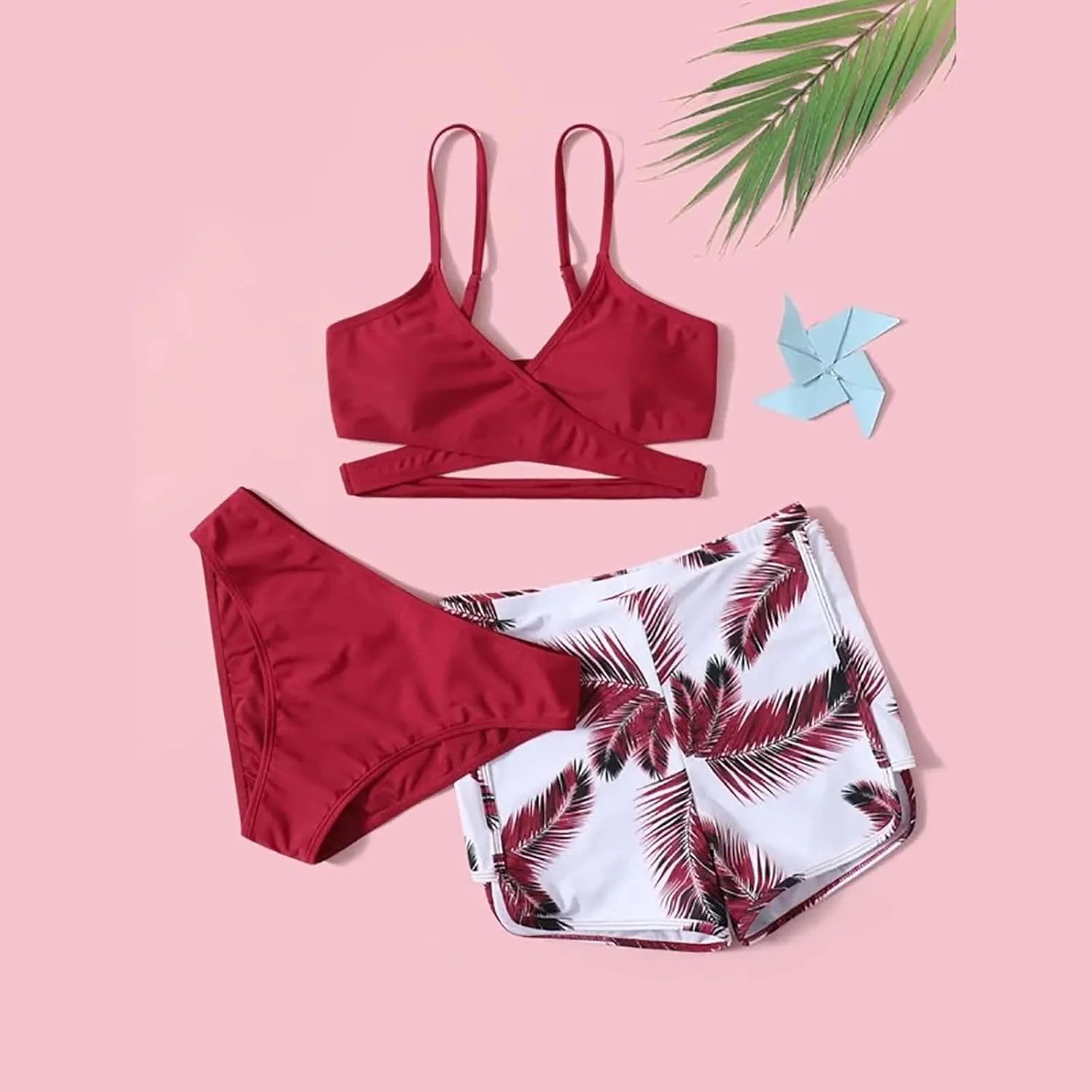 Leaf 3 Piece Bikini Sets with Swimming Shorts Criss Cross Spaghetti Strap Swimsuits High Waist Cut Out Swimwear