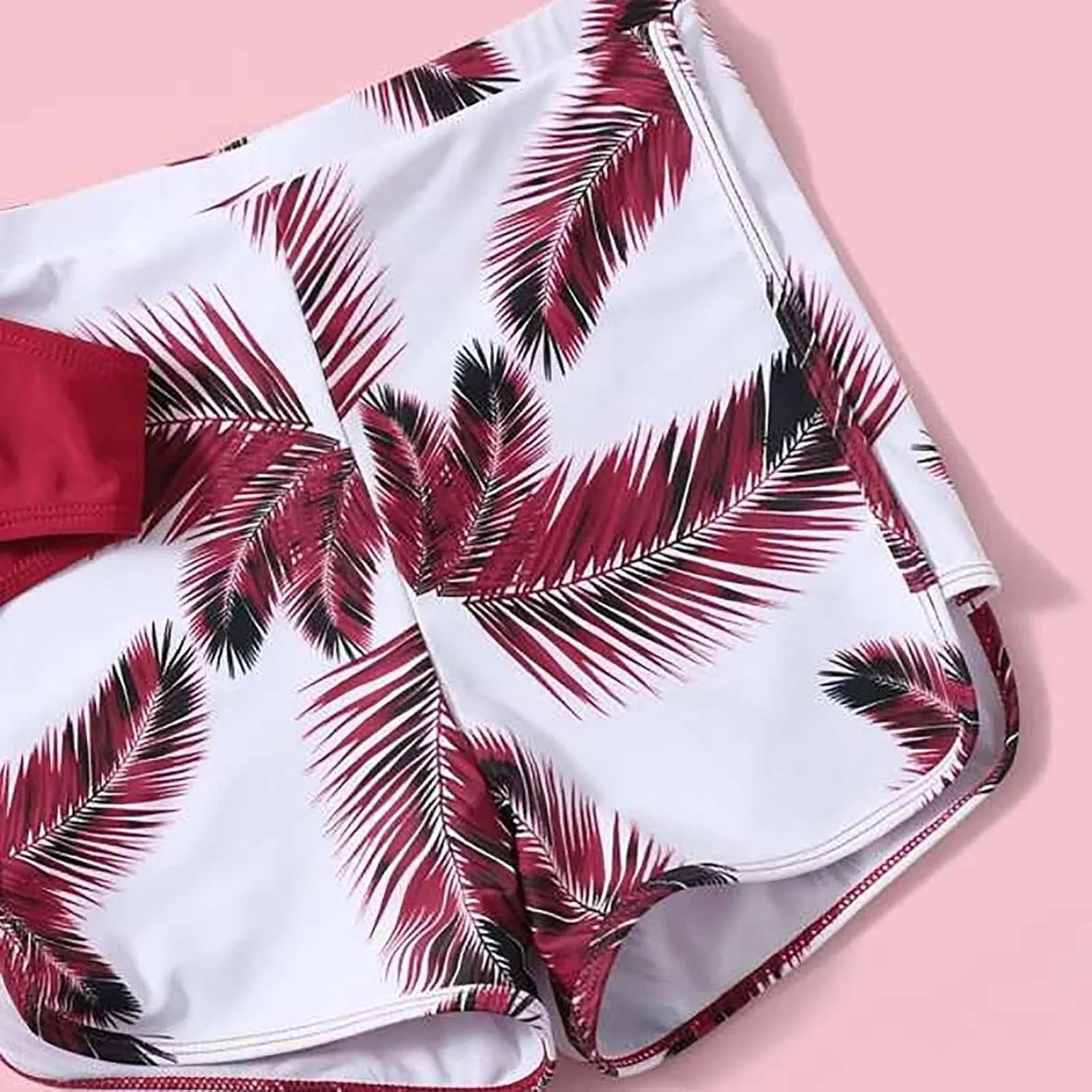 Leaf 3 Piece Bikini Sets with Swimming Shorts Criss Cross Spaghetti Strap Swimsuits High Waist Cut Out Swimwear