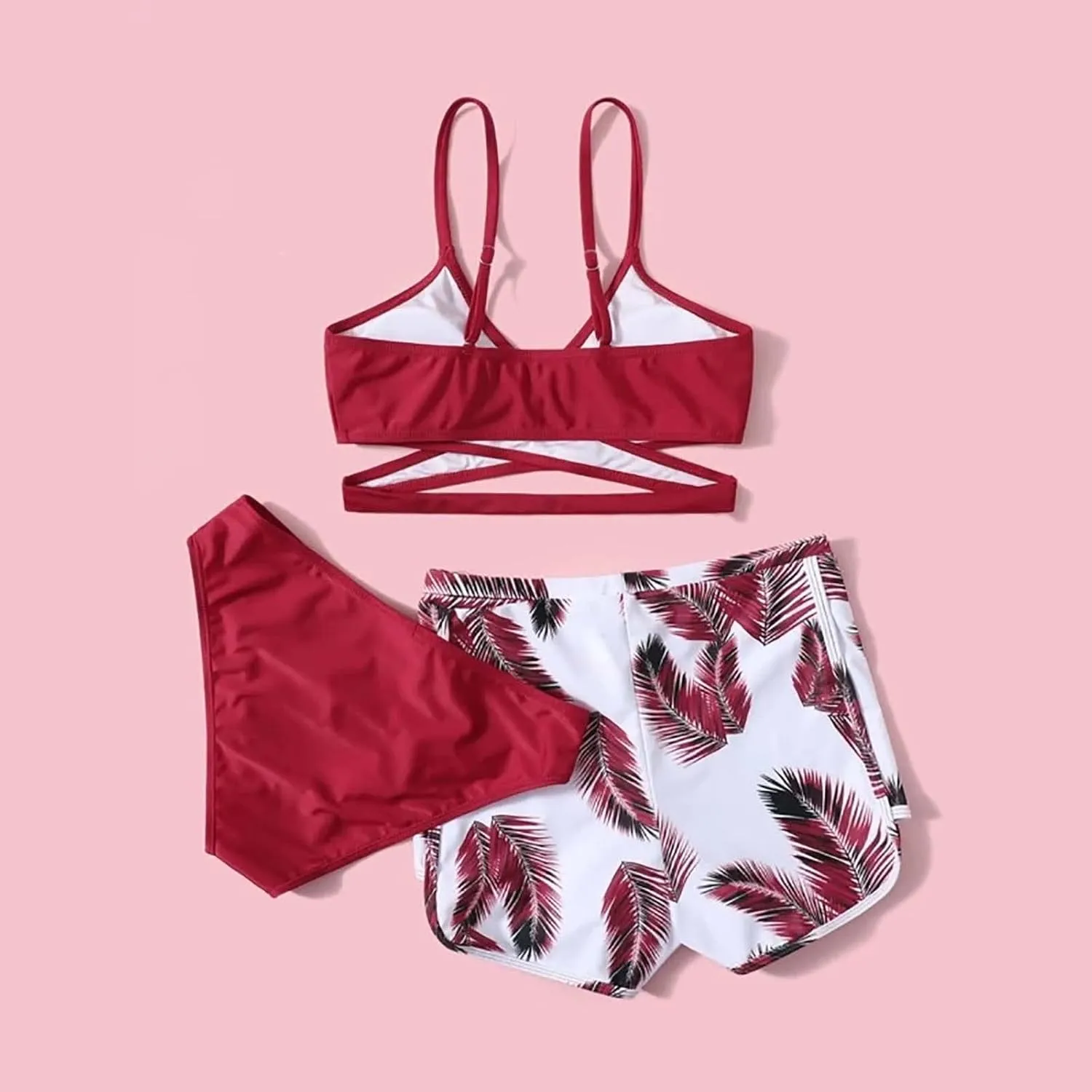 Leaf 3 Piece Bikini Sets with Swimming Shorts Criss Cross Spaghetti Strap Swimsuits High Waist Cut Out Swimwear
