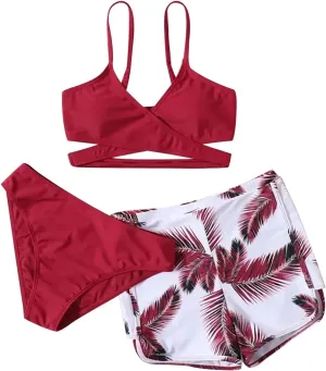 Leaf 3 Piece Bikini Sets with Swimming Shorts Criss Cross Spaghetti Strap Swimsuits High Waist Cut Out Swimwear