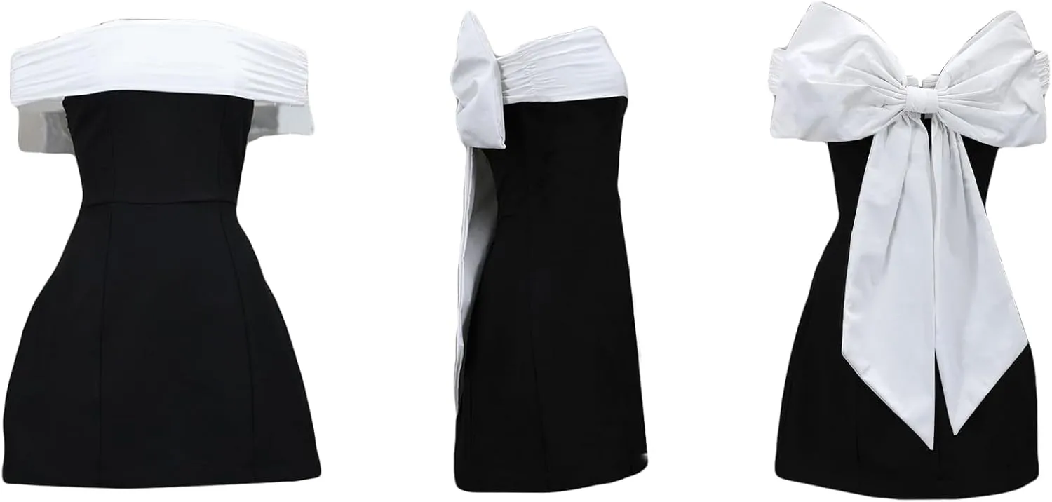 LETSVDO Women's Off The Shoulder Bow Mini Dress Strapless Bodycon Color Block A Line Elegant Prom Party Dresses
