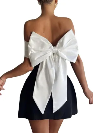 LETSVDO Women's Off The Shoulder Bow Mini Dress Strapless Bodycon Color Block A Line Elegant Prom Party Dresses