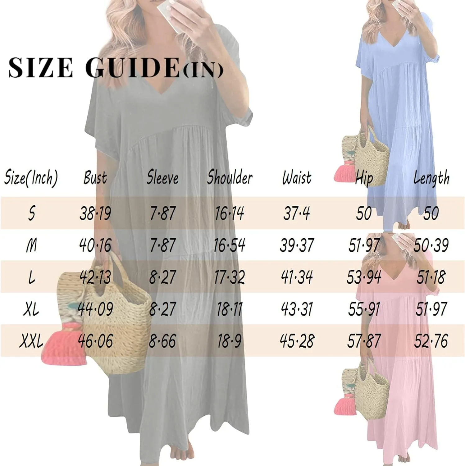 Linen Dress Women Summer Short Sleeve Tiered Maxi Plus Size Dresses Flowy Tshirt V Neck Beach Empire Waist Dress