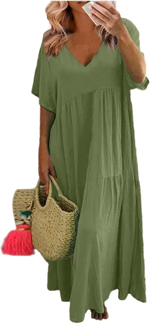 Linen Dress Women Summer Short Sleeve Tiered Maxi Plus Size Dresses Flowy Tshirt V Neck Beach Empire Waist Dress