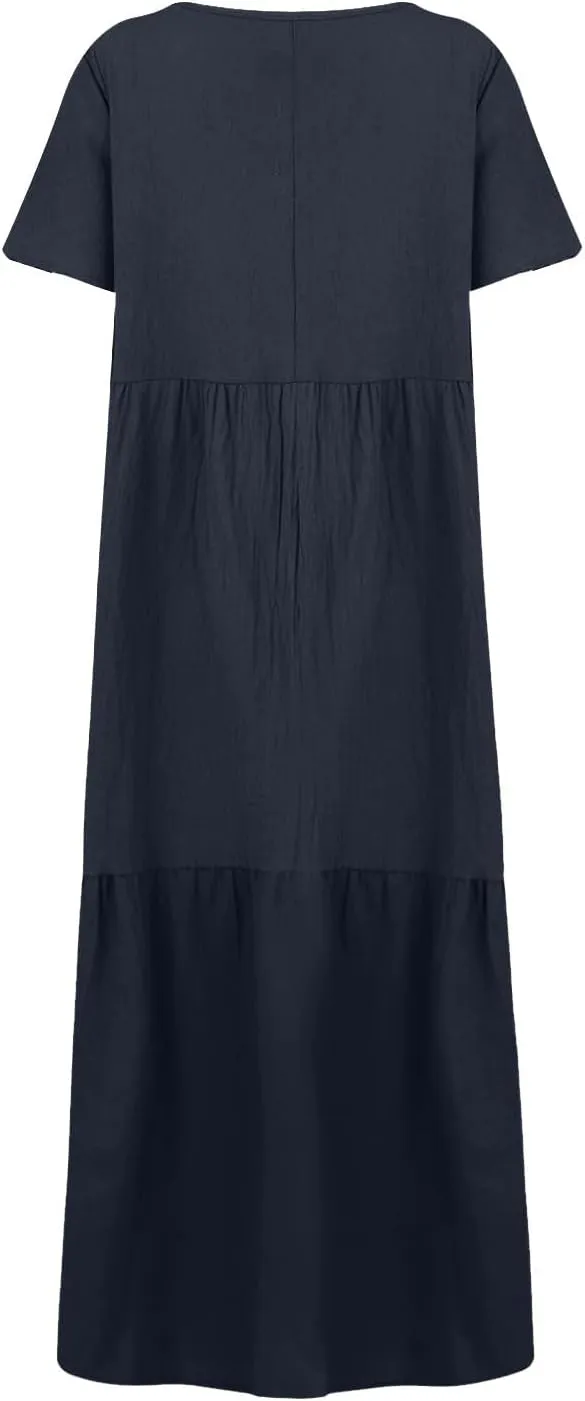 Linen Dress Women Summer Short Sleeve Tiered Maxi Plus Size Dresses Flowy Tshirt V Neck Beach Empire Waist Dress