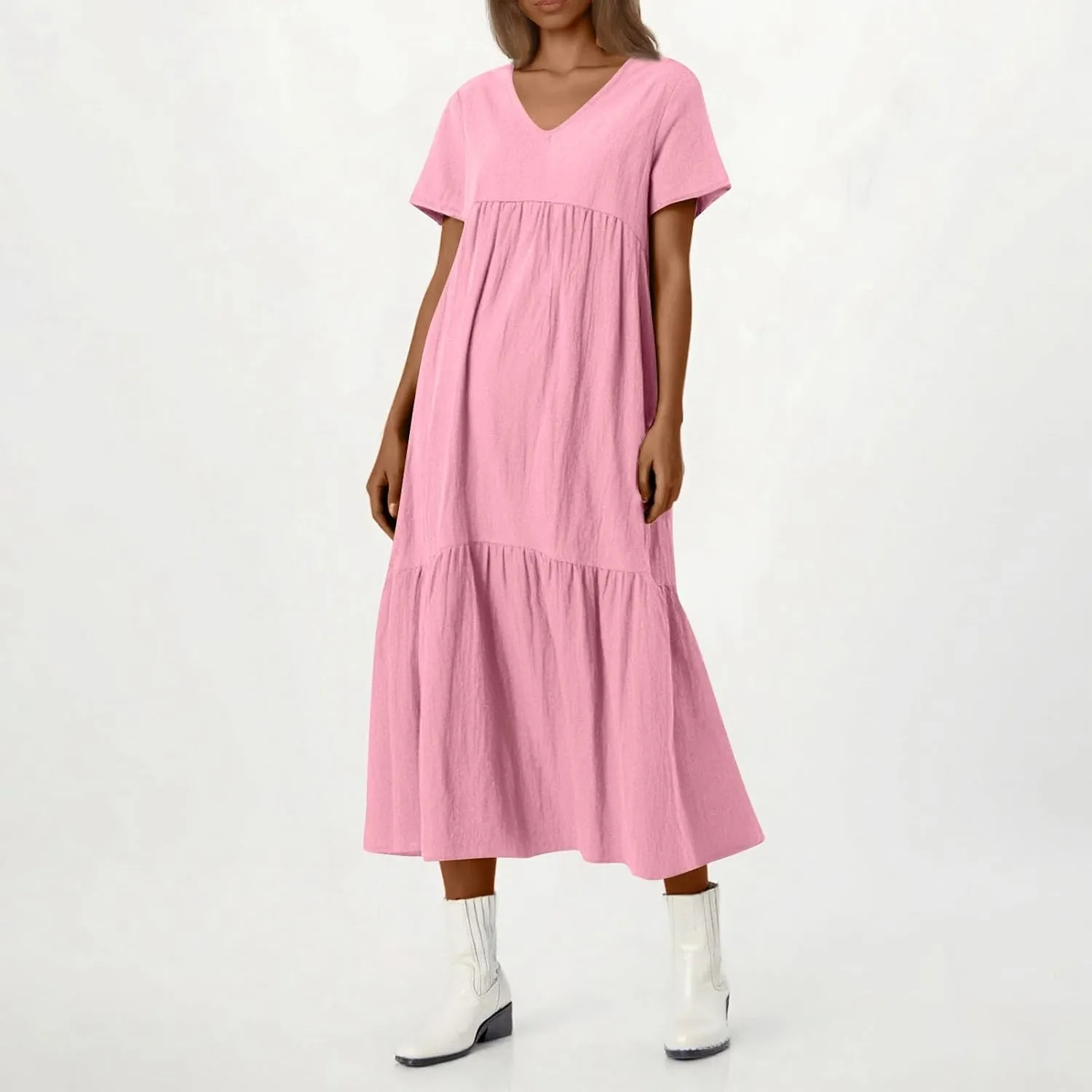 Linen Dress Women Summer Short Sleeve Tiered Maxi Plus Size Dresses Flowy Tshirt V Neck Beach Empire Waist Dress