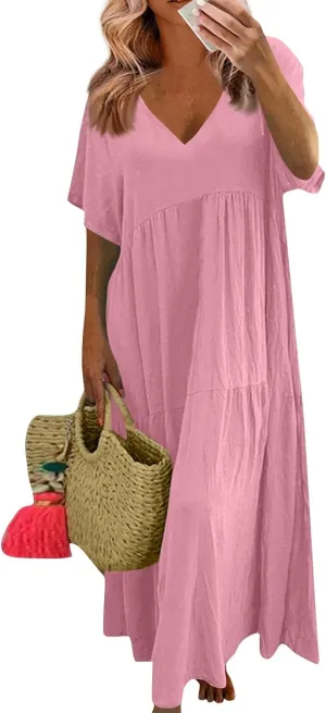 Linen Dress Women Summer Short Sleeve Tiered Maxi Plus Size Dresses Flowy Tshirt V Neck Beach Empire Waist Dress