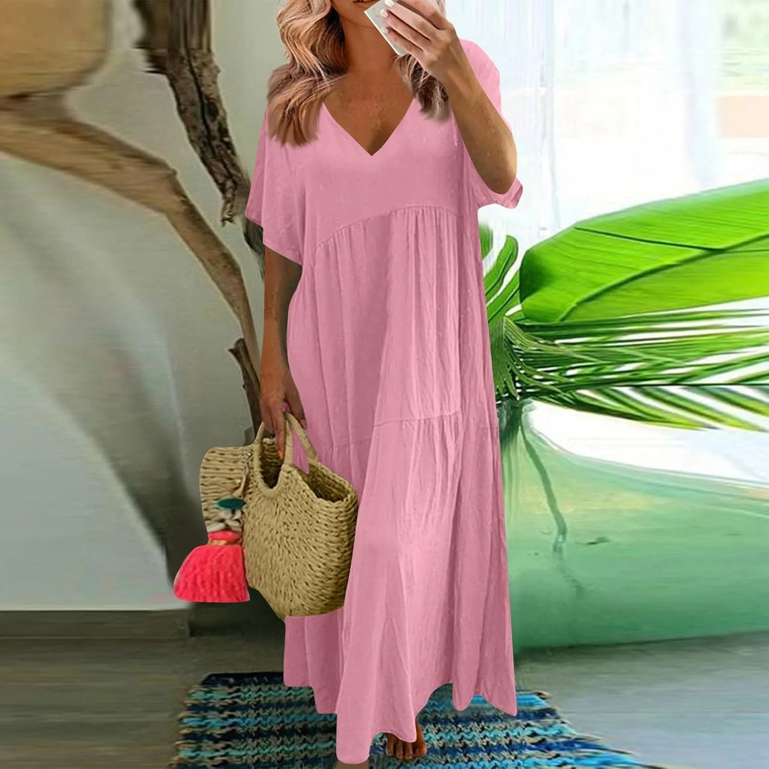 Linen Dress Women Summer Short Sleeve Tiered Maxi Plus Size Dresses Flowy Tshirt V Neck Beach Empire Waist Dress