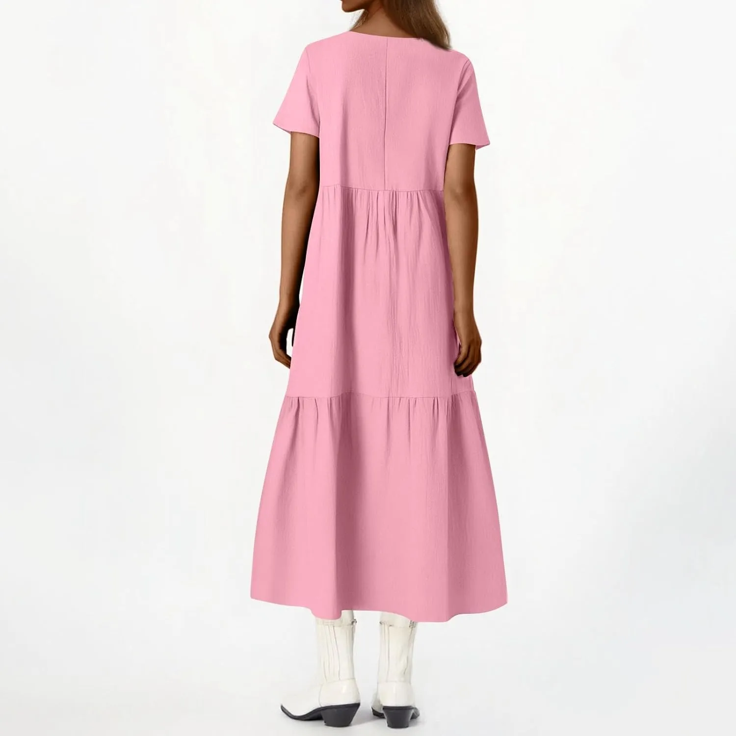 Linen Dress Women Summer Short Sleeve Tiered Maxi Plus Size Dresses Flowy Tshirt V Neck Beach Empire Waist Dress