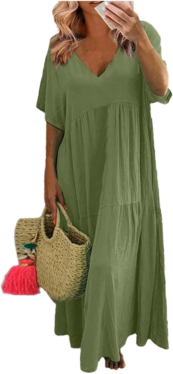 Linen Dress Women Summer Short Sleeve Tiered Maxi Plus Size Dresses Flowy Tshirt V Neck Beach Empire Waist Dress