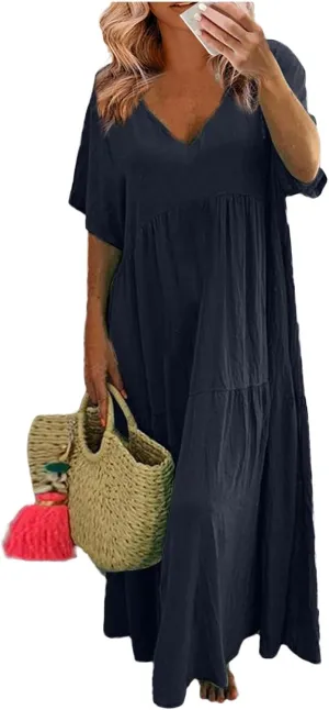 Linen Dress Women Summer Short Sleeve Tiered Maxi Plus Size Dresses Flowy Tshirt V Neck Beach Empire Waist Dress